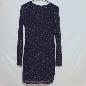Forever 21 Black Floral Flower Print Sheer Dress Long Sleeve Black Lining Sz M
